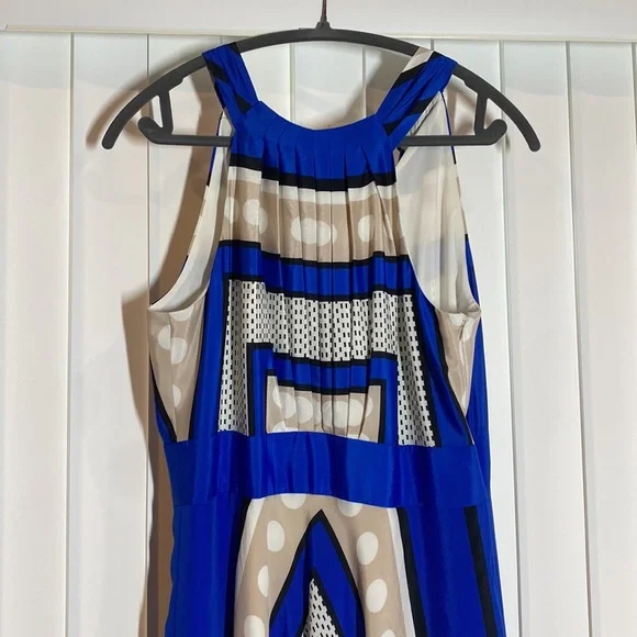 ELIZA J Blue Polka Dot Scarf Print Crepe de Chin Fit & Flare Halter Maxi Dress - Picture 4 of 12